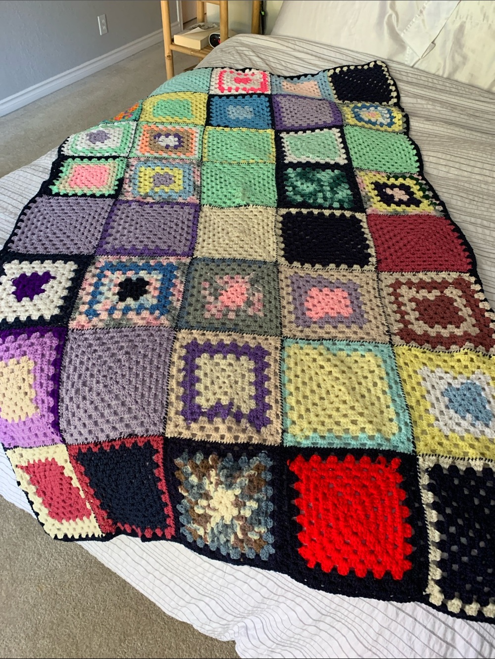Vintage Multicolor Crochet Granny Square Throw Blanket with Black Borders